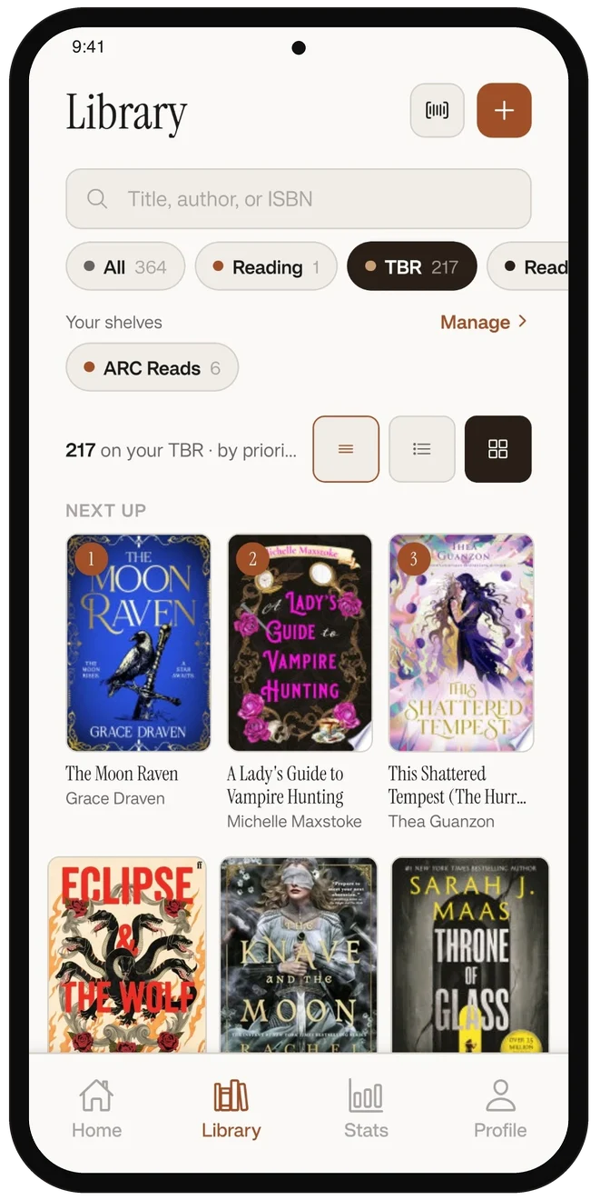 The Foxed library on the TBR tab: 217 books ordered by priority, with The Moon Raven, A Lady's Guide to Vampire Hunting and This Shattered Tempest next up, and a custom ARC Reads shelf.