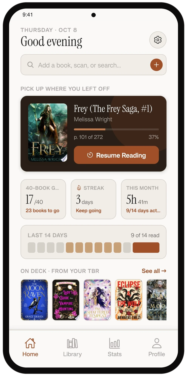 The Foxed home screen: Good evening, then Frey by Melissa Wright at page 101 of 272 with a Resume Reading button, the reading goal, a three-day streak, the last 14 days, and the next books from the TBR.