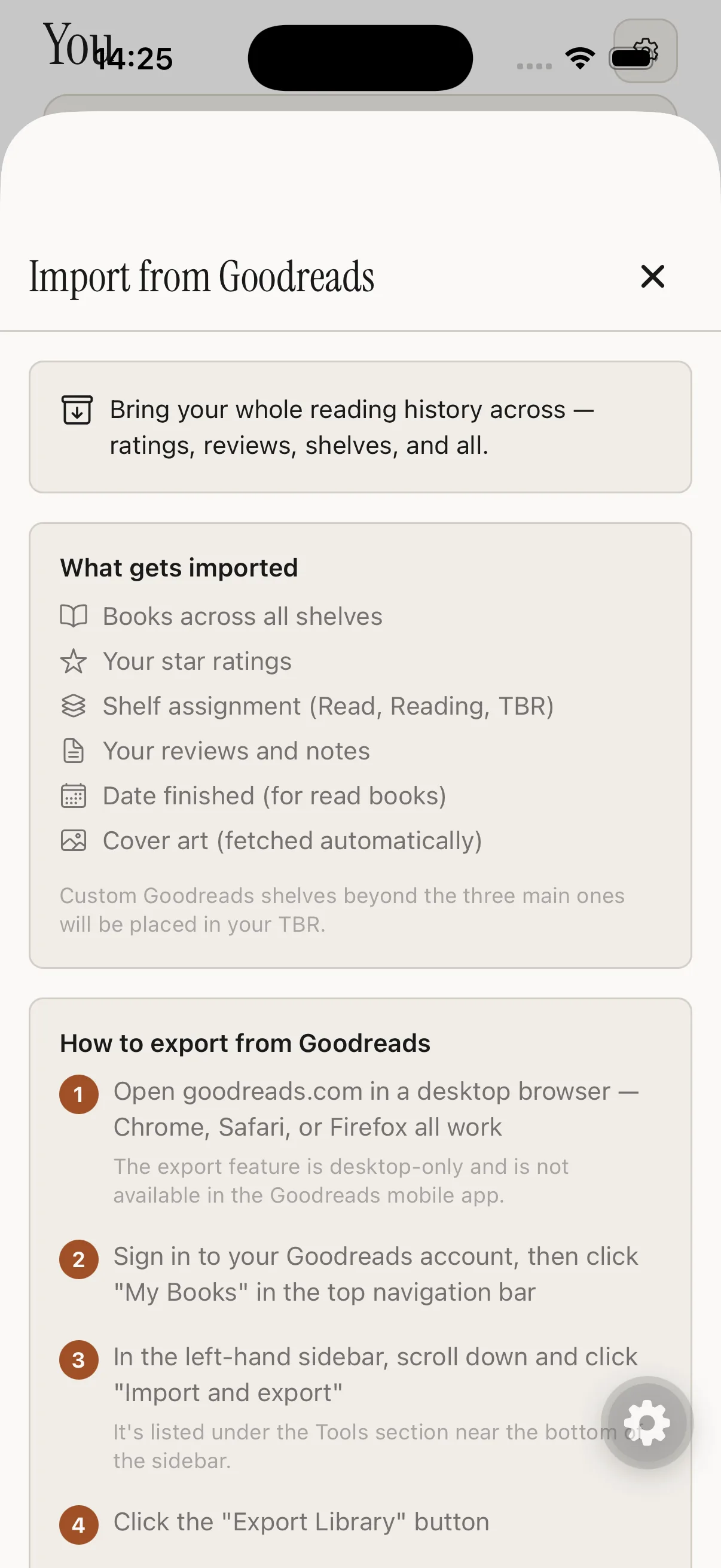 Foxed Goodreads import screen